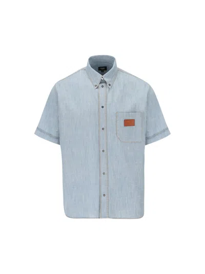 Fendi Collared Shirt With Pocket And Short Sleeves In Blue