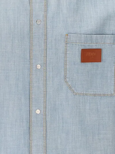 Fendi Collared Shirt With Pocket And Short Sleeves In Blue