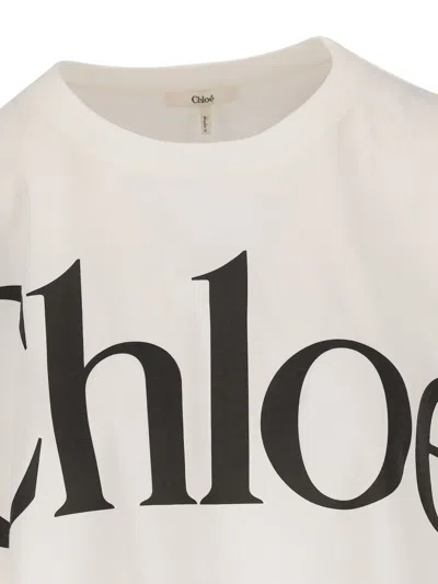 Chloé White Cropped T-shirt With Logo Lettering Print In Cotton Woman In White