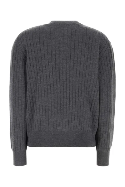 Bottega Veneta Grey Crewneck Cardigan With Knot Buttons Closure And Ribbed Knit In Wool Woman