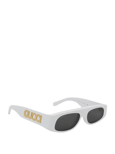Gucci Rectangular Frame Sunglasses With Dark Rounded Lenses In White