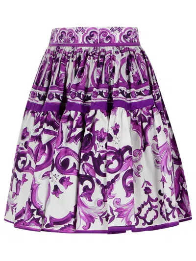 Dolce & Gabbana Violet Pleated Miniskirt With Rear Zip Closure And All-over Graphic Print In Cotton Woman In Purple