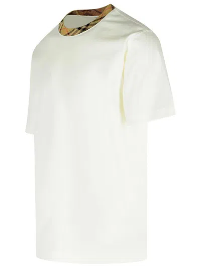 Burberry White Crewneck T-shirt With Check Motif On The Collar In Cotton Man In White