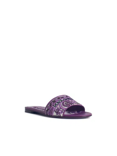 Dolce & Gabbana Violet Sandals With Logo Embroidery On The Front And All-over Majolica Motif In Cotton Blend Woman In Purple