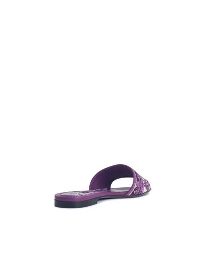 Dolce & Gabbana Violet Sandals With Logo Embroidery On The Front And All-over Majolica Motif In Cotton Blend Woman In Purple