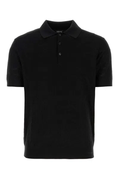 Versace Black Silk Blend Polo Shirt In Black