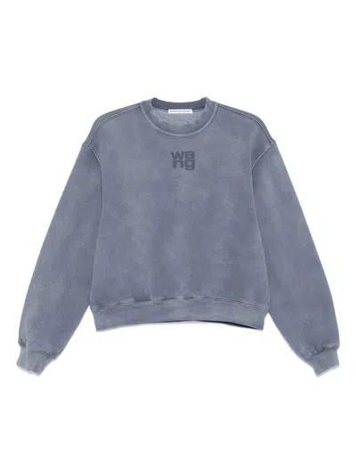 Alexander Wang Omens Crewneck Logo-embroidered Cotton-blend Sweatshirt Washed Blue Ink In Blue