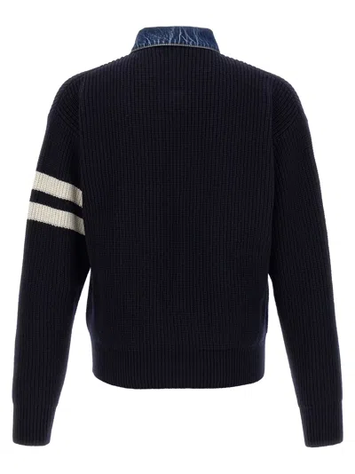 Dsquared2 Blue Cardigan With Denim Panels And Striped Details On The Sleeve In Wool And Cashmere Man