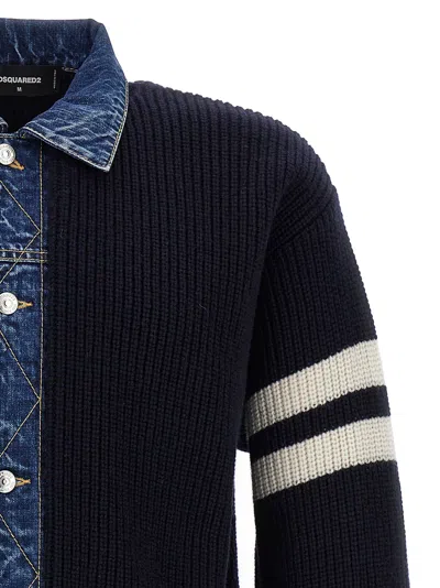 Dsquared2 Blue Cardigan With Denim Panels And Striped Details On The Sleeve In Wool And Cashmere Man