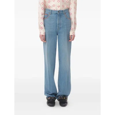 Valentino Denim Trousers With Floral Print Hem In Blue