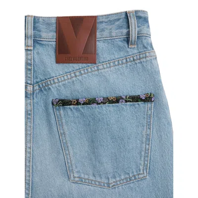 Valentino Denim Trousers With Floral Print Hem In Blue