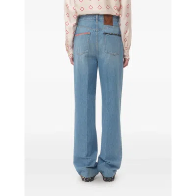 Valentino Denim Trousers With Floral Print Hem In Blue