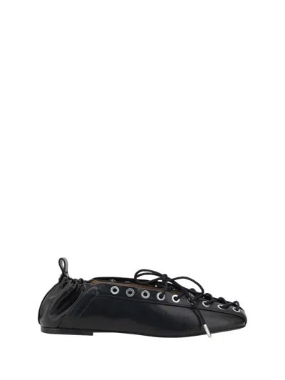 Ganni Black Lace-up Ballerinas With Metal Eyelets And Elasticized Ankle In Eco-leather Woman
