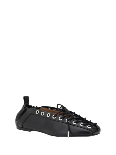 Ganni Black Lace-up Ballerinas With Metal Eyelets And Elasticized Ankle In Eco-leather Woman