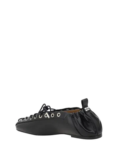 Ganni Black Lace-up Ballerinas With Metal Eyelets And Elasticized Ankle In Eco-leather Woman