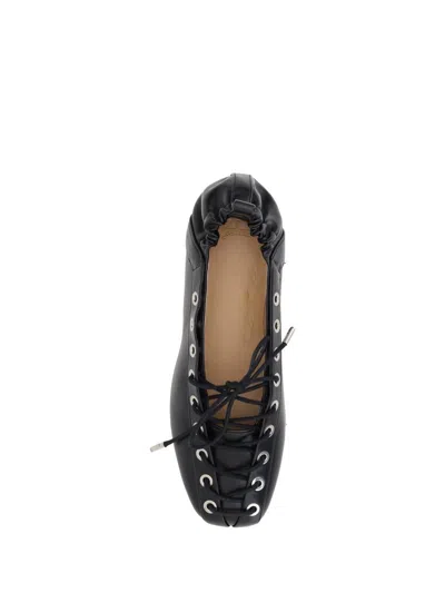 Ganni Black Lace-up Ballerinas With Metal Eyelets And Elasticized Ankle In Eco-leather Woman