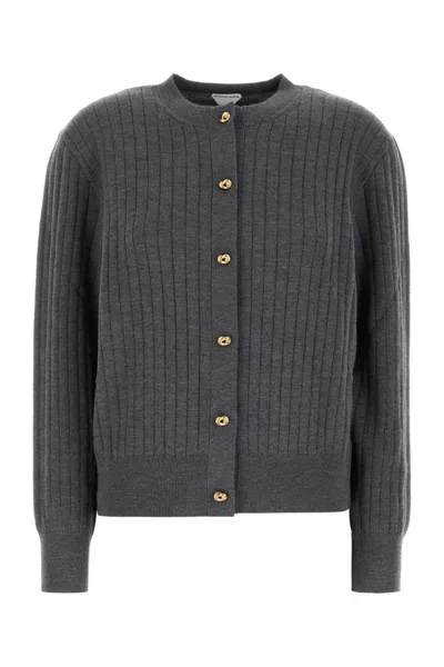 Bottega Veneta Grey Crewneck Cardigan With Knot Buttons Closure And Ribbed Knit In Wool Woman In Gray