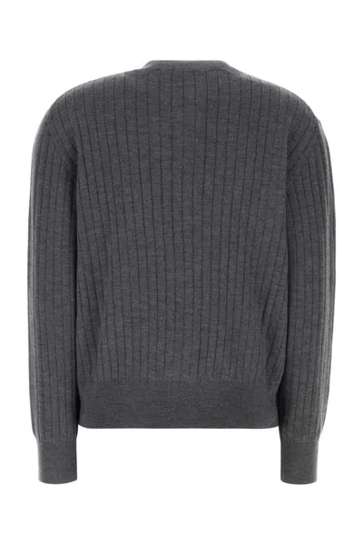 Bottega Veneta Grey Crewneck Cardigan With Knot Buttons Closure And Ribbed Knit In Wool Woman In Gray