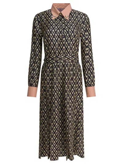 Valentino Waist Belted Buttoned Collar Long Sleeved Dress In Black