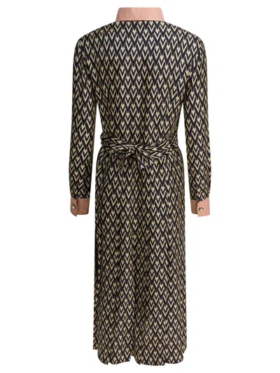 Valentino Waist Belted Buttoned Collar Long Sleeved Dress In Black