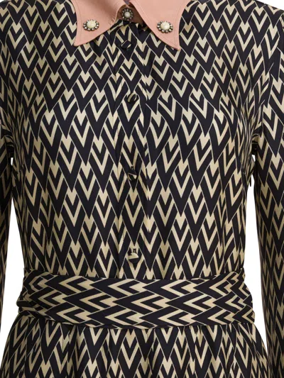 Valentino Waist Belted Buttoned Collar Long Sleeved Dress In Black