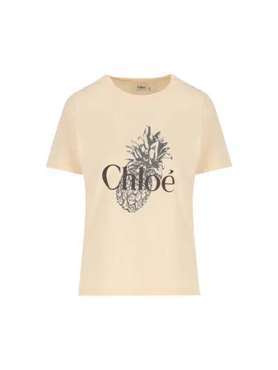 Chloé Pink Crewneck T-shirt With Maxi Logo Print On The Front In Cotton Woman In Neutral