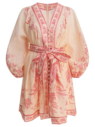Zimmermann Lucky Pink Mini Dress With V Neck And All-over Floral Print In Linen Woman