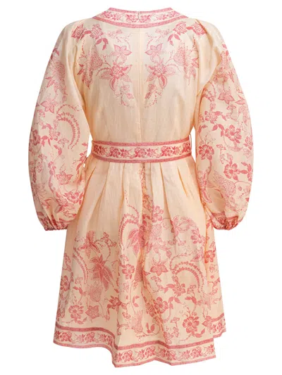 Zimmermann Lucky Pink Mini Dress With V Neck And All-over Floral Print In Linen Woman