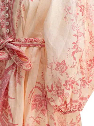 Zimmermann Lucky Pink Mini Dress With V Neck And All-over Floral Print In Linen Woman