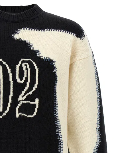 Dsquared2 Two-tone Crew Neck Sweater With Graphic Design In Black