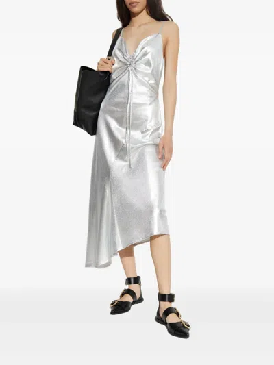 Allsaints Alexia V-neck Drawstring Midi Slip Dress In Metallic