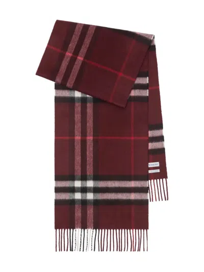 Burberry Check Patterned Cashmere Scarf Fringed Edges In Purple