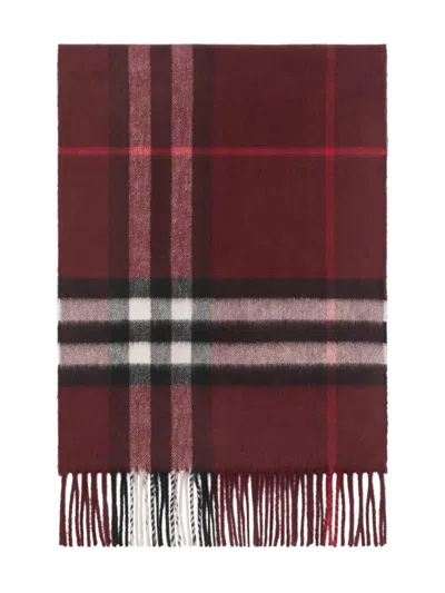 Burberry Check Patterned Cashmere Scarf Fringed Edges In Purple