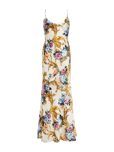 L Agence Serita Maxi V Neck Bias Dress Vintage White Large Floral Bar In White