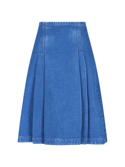 Marni Denim High Waist Midi Skirt With Pleated Detail In Blue