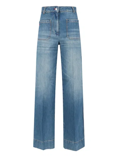 Victoria Beckham Straight Trousers With Pockets And Stitching In Blue