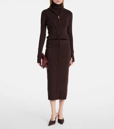 Victoria Beckham Brown Midi Skirt In Wool Blend In Pattern