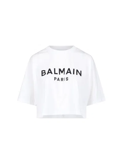 Balmain Logo Cotton Jersey Cropped T-shirt In White