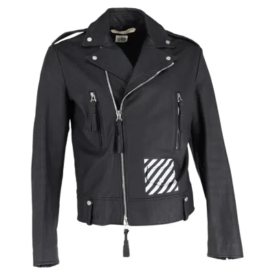 Off-white Diagonal Stripe Biker Jacket In Black Leather In Gray
