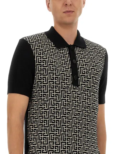 Balmain Monogram Pattern Polo With Classic Collar In Black