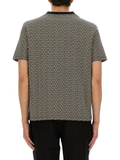 Balmain Grey T-shirt With Logo Applied On The Chest And All-over Labyrinth Motif In Cotton Man
