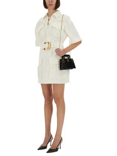 Balmain Short Dress With Belted Waist And Front Pockets In Neutral
