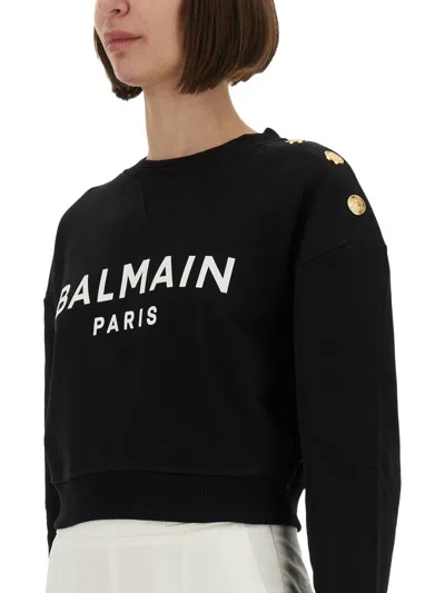 Balmain Women Logo Organic Cotton Cropped Sweatshirt In Black