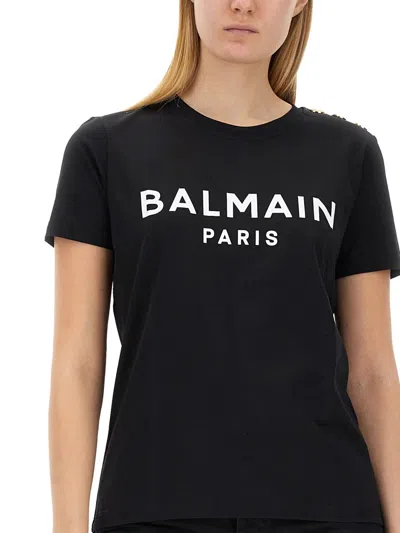 Balmain Black Crewneck T-shirt With Logo Print And Golden Buttons In Jersey Woman In Black