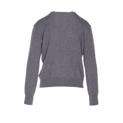 Bottega Veneta Grey Crewneck Cardigan With Knot Buttons Closure And Ribbed Knit In Wool Woman