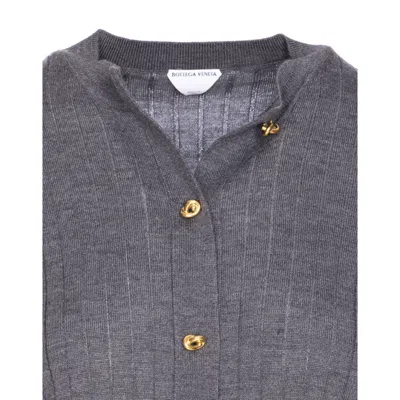 Bottega Veneta Grey Crewneck Cardigan With Knot Buttons Closure And Ribbed Knit In Wool Woman