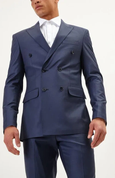Ron Tomson Super 120s Wool Double Breasted Tuxedo Jacket In Blue