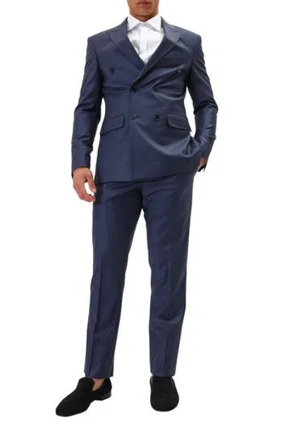 Ron Tomson Super 120s Wool Double Breasted Tuxedo Jacket In Blue