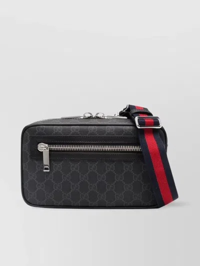 Gucci Men Black Gg Supreme Canvas Coated Finish Signature Web-stripe Waist Strap Detachable Adjustab