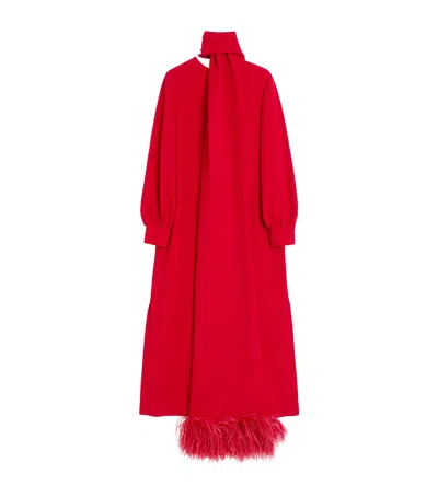 Valentino Silk Feather-trim Maxi Dress In Red